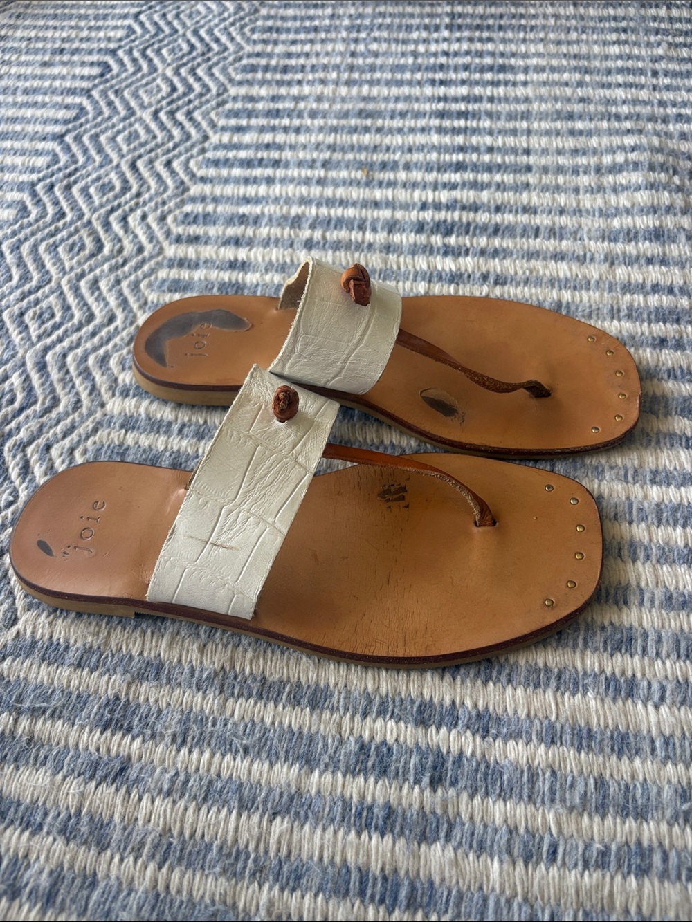 Joie White and Brown Leather Slide Sandals with Stud Accents- size 36.5